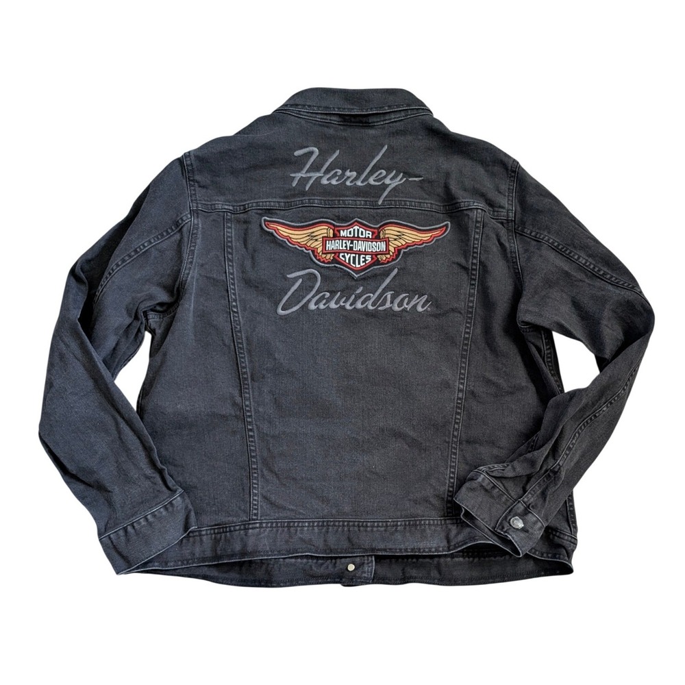 Harley Davidson Black Denim Trucker Jacket Women 2X Embroidered Wings Patch - Picture 3 of 10